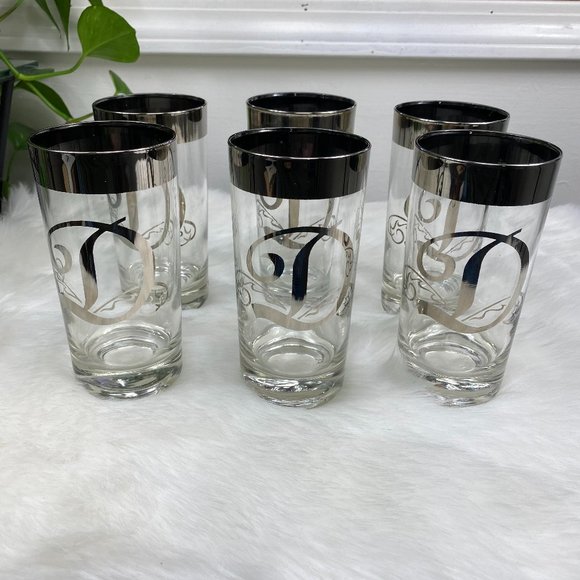 Six Vintage MCM Dorothy Thorpe Monogram "D" Silver Rim Highball Tumbler Glasses